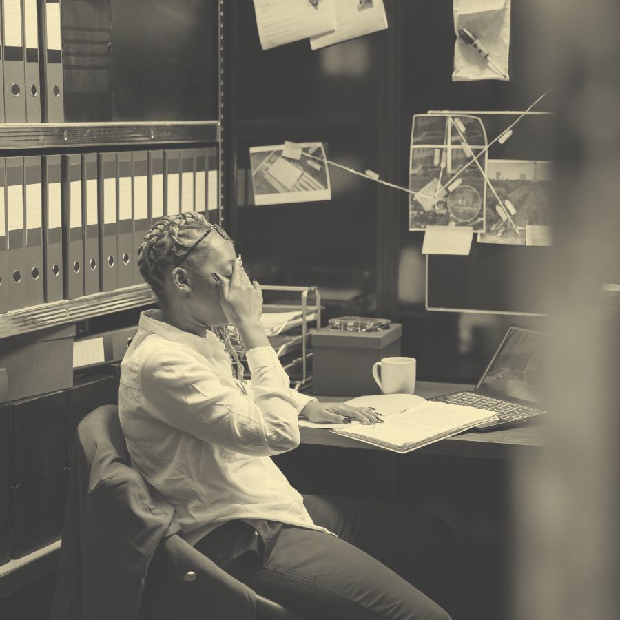 Eine Person mit geflochtenem Haar erscheint gestresst, hält sich den Kopf und sitzt an einem unordentlichen Schreibtisch mit Papieren, einem Laptop und einer Kaffeetasse, was auf Überstunden in einer Detektei hindeutet.